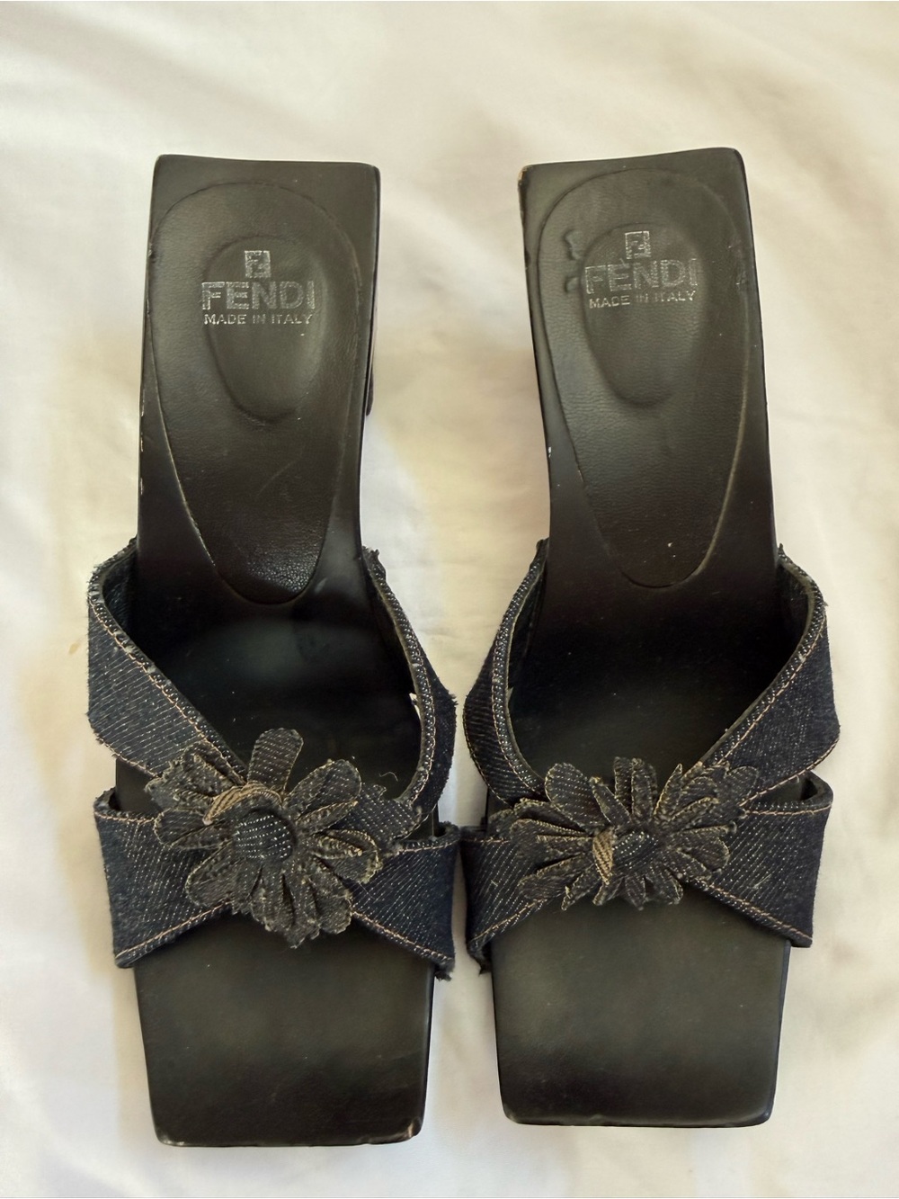Vintage FENDI Y2K Denim Flower Block Heel Sandals (Size 6.5)